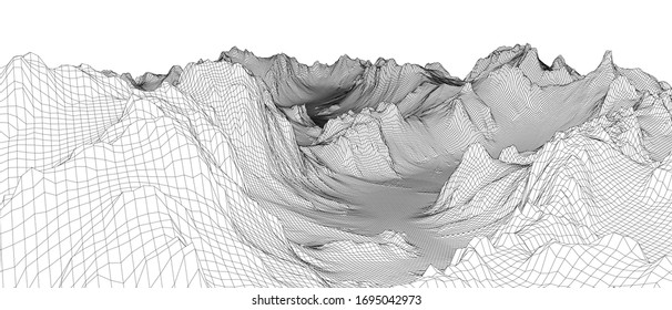Abstract 3d wire-frame landscape. Blueprint style. Vector rendering from 3D model. Geology Terrain