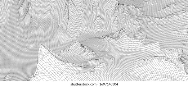 Abstract 3d wire-frame landscape. Blueprint style. Vector rendering from 3D model. Geology Terrain