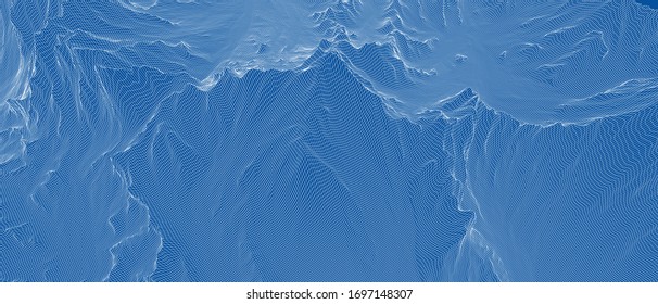 Abstract 3d wire-frame landscape. Blueprint style. Vector rendering from 3D model. Geology Terrain
