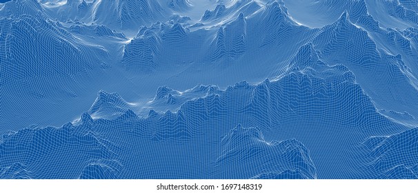 Abstract 3d wire-frame landscape. Blueprint style. Vector rendering from 3D model. Geology Terrain