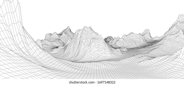 Abstract 3d wire-frame landscape. Blueprint style. Vector rendering from 3D model. Geology Terrain