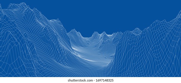 Panorama abstracto del bastidor de alambre 3d. Estilo Blueprint. Representación vectorial del modelo 3D. Terreno geológico