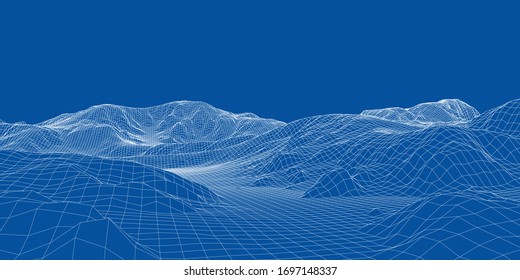 Abstract 3d wire-frame landscape. Blueprint style. Vector rendering from 3D model. Geology Terrain