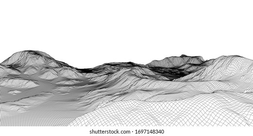 Abstract 3d wire-frame landscape. Blueprint style. Vector rendering from 3D model. Geology Terrain