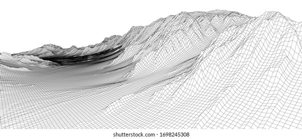 Abstract 3d wire-frame landscape. Blueprint style. Vector rendering from 3D model. Geology Terrain