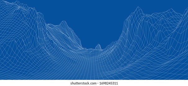 Abstract 3d wire-frame landscape. Blueprint style. Vector rendering from 3D model. Geology Terrain