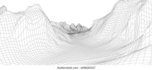 Abstract 3d wire-frame landscape. Blueprint style. Vector rendering from 3D model. Geology Terrain