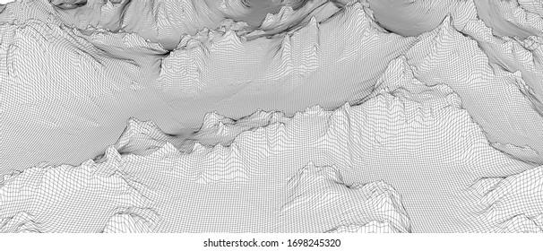 Abstract 3d wire-frame landscape. Blueprint style. Vector rendering from 3D model. Geology Terrain