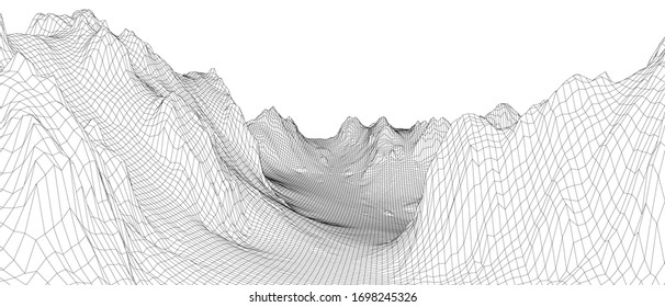 Abstract 3d wire-frame landscape. Blueprint style. Vector rendering from 3D model. Geology Terrain