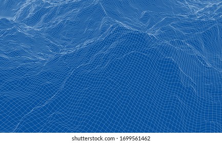 Abstract 3d wire-frame landscape. Blueprint style. Vector rendering from 3D model. Geology Terrain