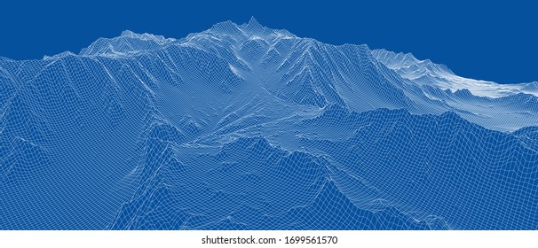 Abstract 3d wire-frame landscape. Blueprint style. Vector rendering from 3D model. Geology Terrain