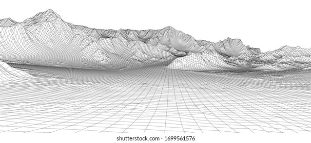 Abstract 3d wire-frame landscape. Blueprint style. Vector rendering from 3D model. Geology Terrain