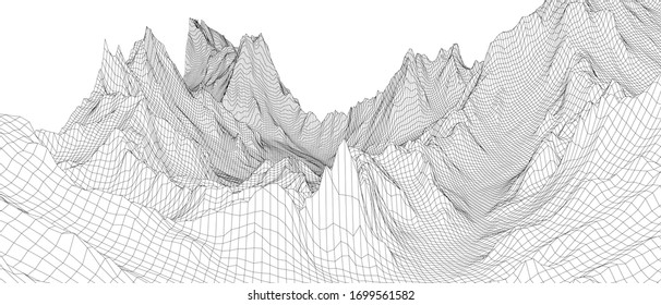 Abstract 3d wire-frame landscape. Blueprint style. Vector rendering from 3D model. Geology Terrain