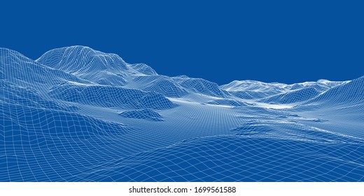 Abstract 3d wire-frame landscape. Blueprint style. Vector rendering from 3D model. Geology Terrain