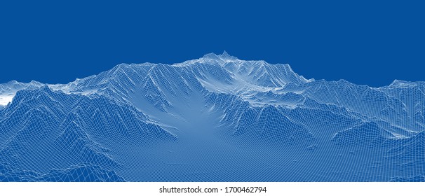 Abstract 3d wire-frame landscape. Blueprint style. Vector rendering from 3D model. Geology Terrain