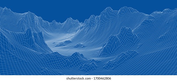 Abstract 3d wire-frame landscape. Blueprint style. Vector rendering from 3D model. Geology Terrain