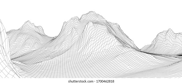 Abstract 3d wire-frame landscape. Blueprint style. Vector rendering from 3D model. Geology Terrain