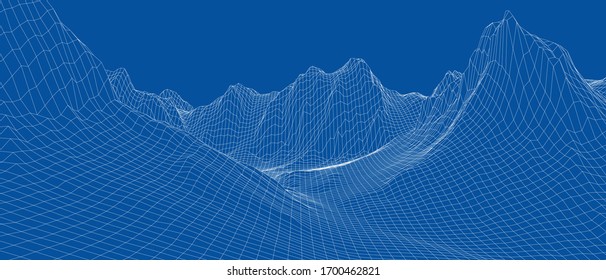 Abstract 3d wire-frame landscape. Blueprint style. Vector rendering from 3D model. Geology Terrain