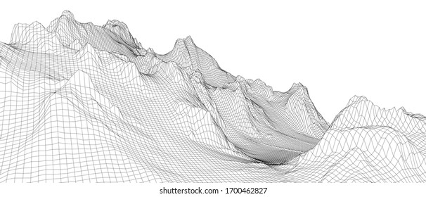 Abstract 3d wire-frame landscape. Blueprint style. Vector rendering from 3D model. Geology Terrain