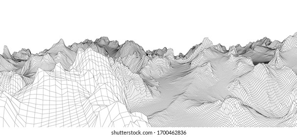 Abstract 3d wire-frame landscape. Blueprint style. Vector rendering from 3D model. Geology Terrain