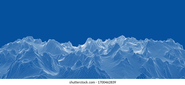 Abstract 3d wire-frame landscape. Blueprint style. Vector rendering from 3D model. Geology Terrain