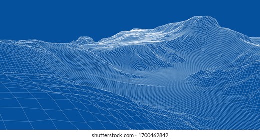 Panorama abstracto del bastidor de alambre 3d. Estilo Blueprint. Representación vectorial del modelo 3D. Terreno geológico