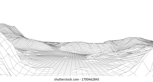 Abstract 3d wire-frame landscape. Blueprint style. Vector rendering from 3D model. Geology Terrain