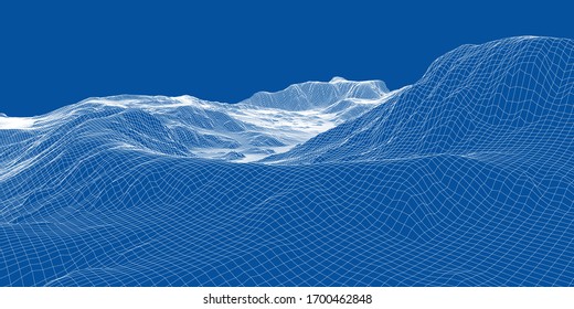 Panorama abstracto del bastidor de alambre 3d. Estilo Blueprint. Representación vectorial del modelo 3D. Terreno geológico