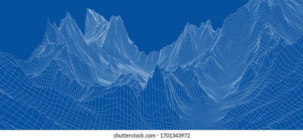 Abstrakte 3D-Drahtlandschaft. Blueprint-Stil. Vektorillustration-Rendering aus 3D-Modell. Geologisches Gelände