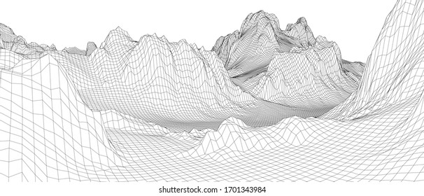 Abstract 3d wire-frame landscape. Blueprint style. Vector rendering from 3D model. Geology Terrain