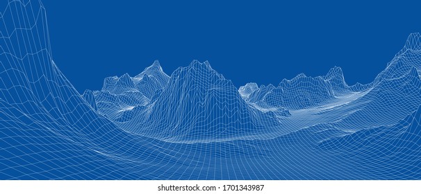 Abstract 3d wire-frame landscape. Blueprint style. Vector rendering from 3D model. Geology Terrain