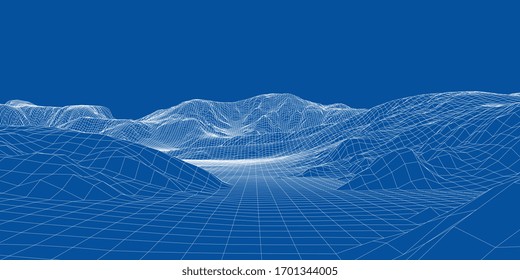 Abstract 3d wire-frame landscape. Blueprint style. Vector rendering from 3D model. Geology Terrain