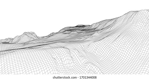 Panorama abstracto del bastidor de alambre 3d. Estilo Blueprint. Representación vectorial del modelo 3D. Terreno geológico