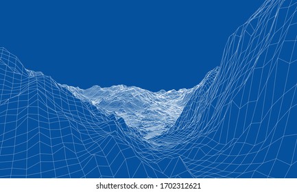 Abstract 3d wire-frame landscape. Blueprint style. Vector rendering from 3D model. Geology Terrain