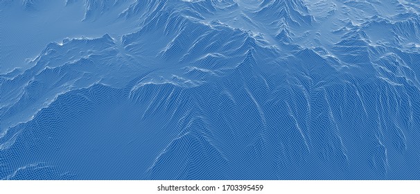 Abstrakte 3D-Drahtlandschaft. Blueprint-Stil. Vektorillustration-Rendering aus 3D-Modell. Geologisches Gelände
