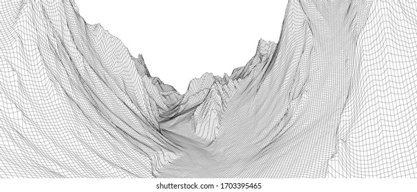 Abstract 3d wire-frame landscape. Blueprint style. Vector rendering from 3D model. Geology Terrain