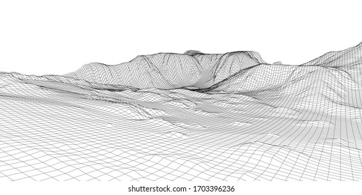 Abstract 3d wire-frame landscape. Blueprint style. Vector rendering from 3D model. Geology Terrain