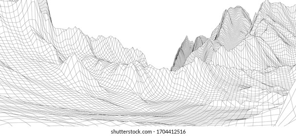 Abstract 3d wire-frame landscape. Blueprint style. Vector rendering from 3D model. Geology Terrain