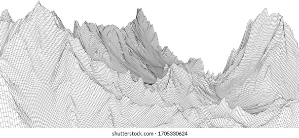 Abstract 3d wire-frame landscape. Blueprint style. Vector rendering from 3D model. Geology Terrain