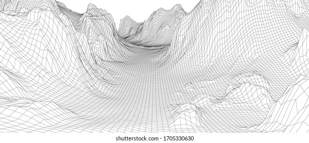Abstract 3d wire-frame landscape. Blueprint style. Vector rendering from 3D model. Geology Terrain