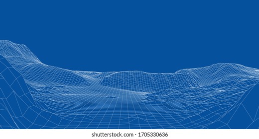 Panorama abstracto del bastidor de alambre 3d. Estilo Blueprint. Representación vectorial del modelo 3D. Terreno geológico