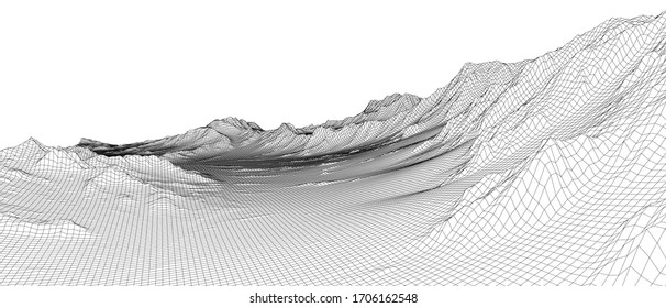 Abstract 3d wire-frame landscape. Blueprint style. Vector rendering from 3D model. Geology Terrain