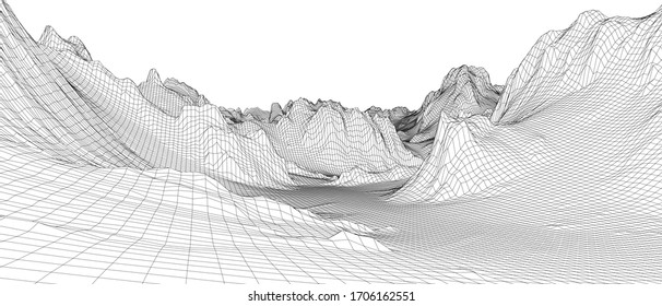 Abstract 3d wire-frame landscape. Blueprint style. Vector rendering from 3D model. Geology Terrain