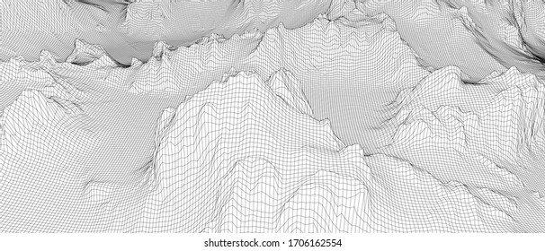 Abstract 3d wire-frame landscape. Blueprint style. Vector rendering from 3D model. Geology Terrain