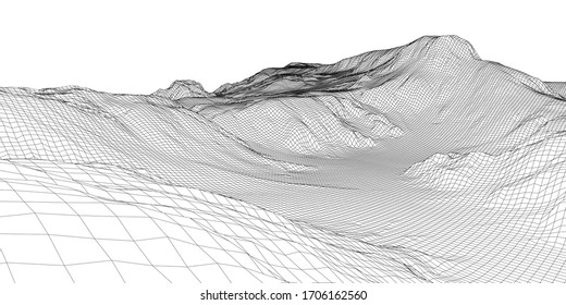 Panorama abstracto del bastidor de alambre 3d. Estilo Blueprint. Representación vectorial del modelo 3D. Terreno geológico