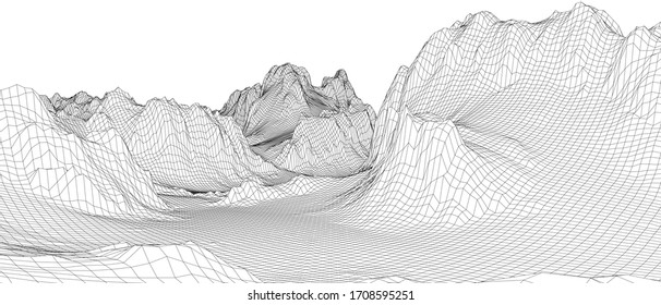 Abstract 3d wire-frame landscape. Blueprint style. Vector rendering from 3D model. Geology Terrain