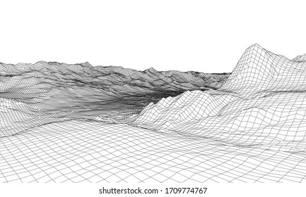 Abstract 3d wire-frame landscape. Blueprint style. Vector rendering from 3D model. Geology Terrain