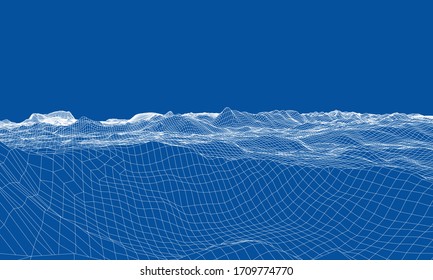 Abstract 3d wire-frame landscape. Blueprint style. Vector rendering from 3D model. Geology Terrain