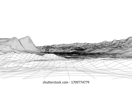 Abstract 3d wire-frame landscape. Blueprint style. Vector rendering from 3D model. Geology Terrain