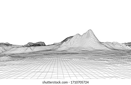 Abstract 3d wire-frame landscape. Blueprint style. Vector rendering from 3D model. Geology Terrain